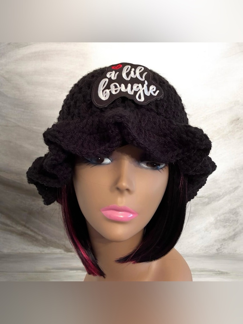 Black Crochet Ruffle Bucket Hat with 'a lil bougie' Patch